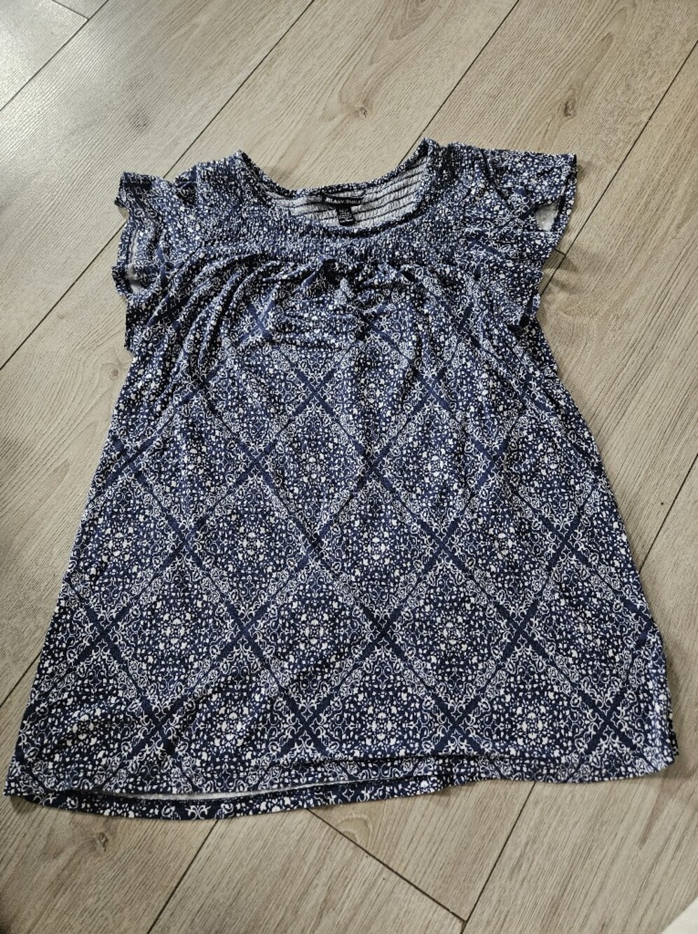Hilary Radley Women Navy Blue White Pattern Smocked Neck Short Sleeve Top Size M